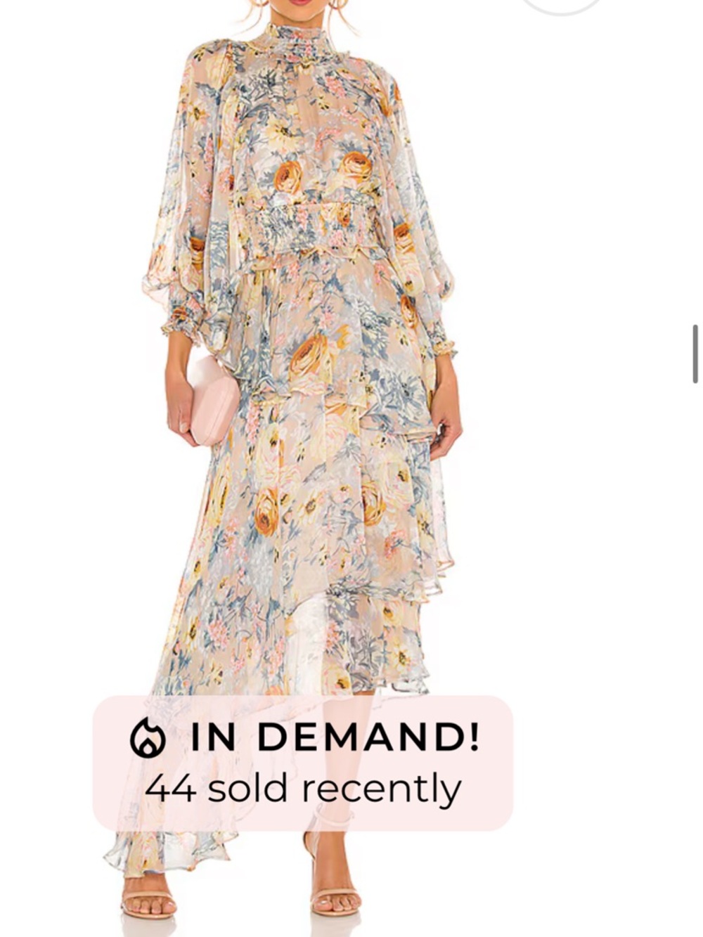 Elliatt Sheer Floral Smocked Midi Dress in Yellow and Blue